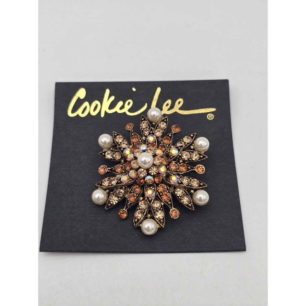 Cookie Lee Genuine Crystal Brooch Amber Aurora Borealis Faux Pearl New Pin